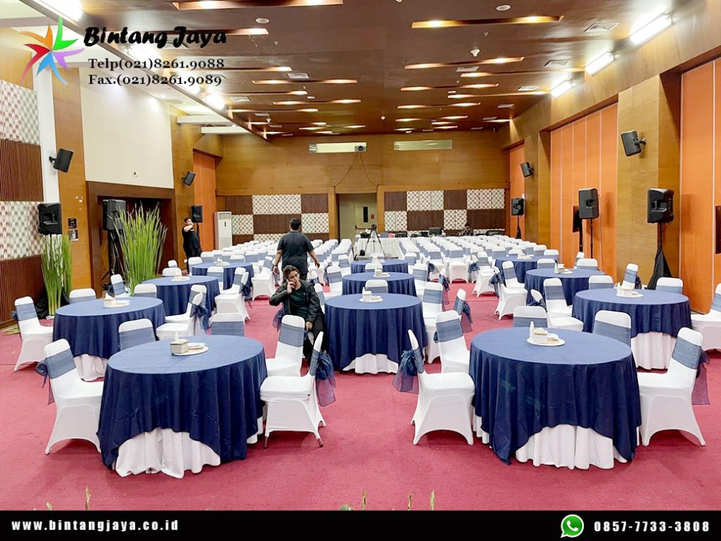 Sewa Meja Bundar Topping Biru Area Depok untuk Event Profesional dan Elegan