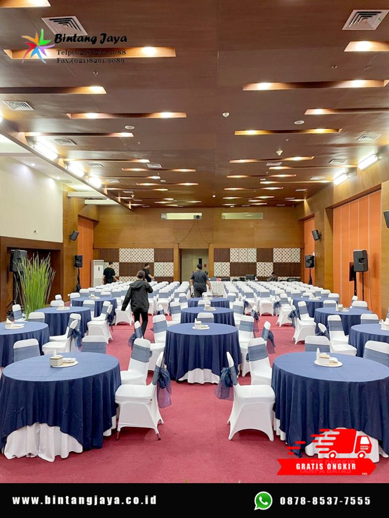 Sewa Meja Bundar Topping Biru Area Depok untuk Event Profesional dan Elegan