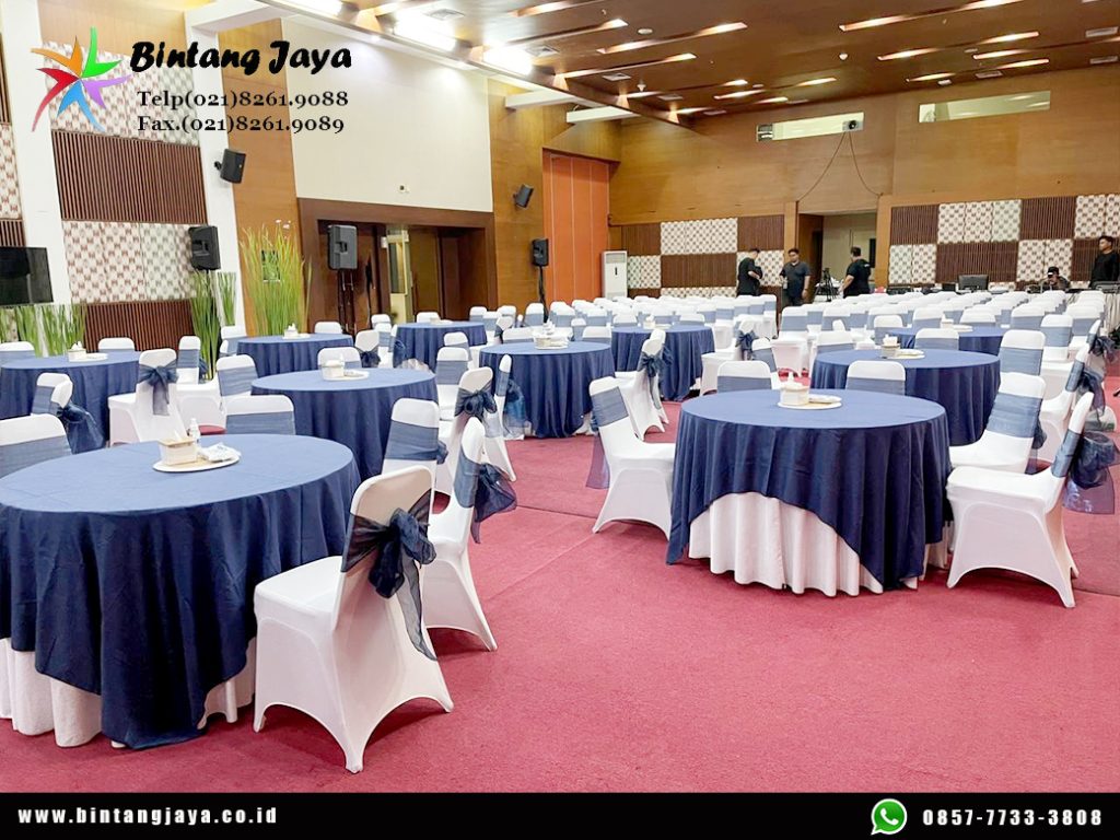 Sewa Meja Bundar Topping Biru Area Depok untuk Event Profesional dan Elegan