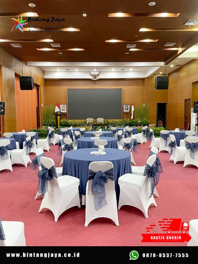 Sewa Meja Bundar Topping Biru Area Depok untuk Event Profesional dan Elegan