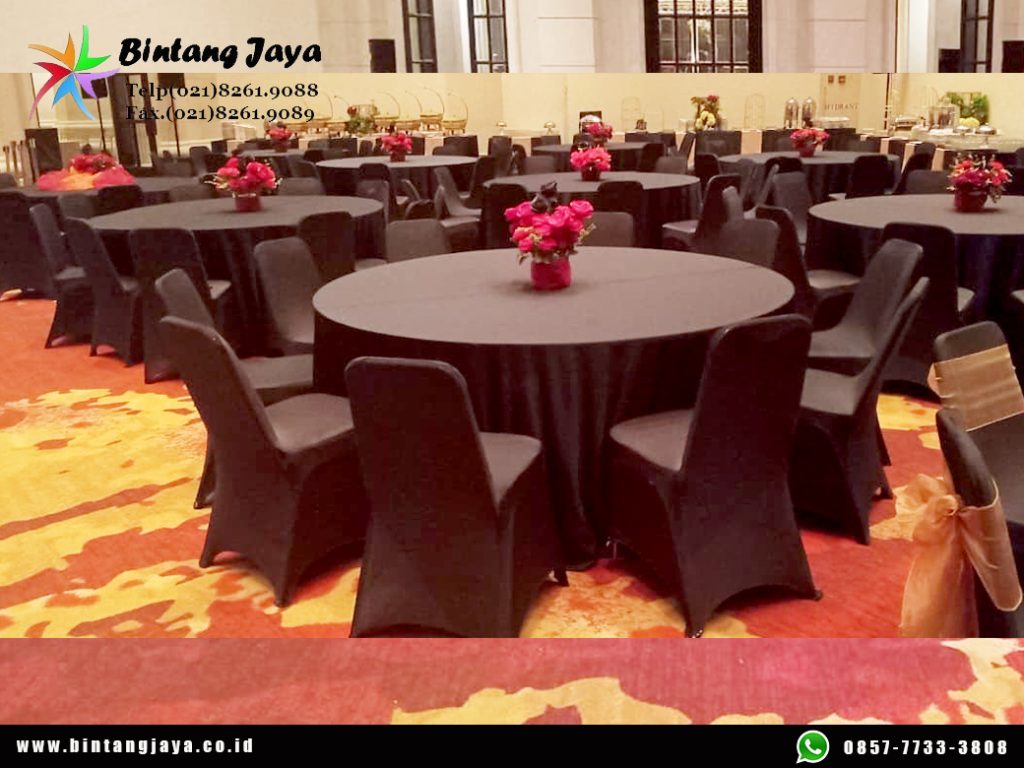 Jasa Sewa Meja Bundar Full Taplak Meja Hitam Jakarta