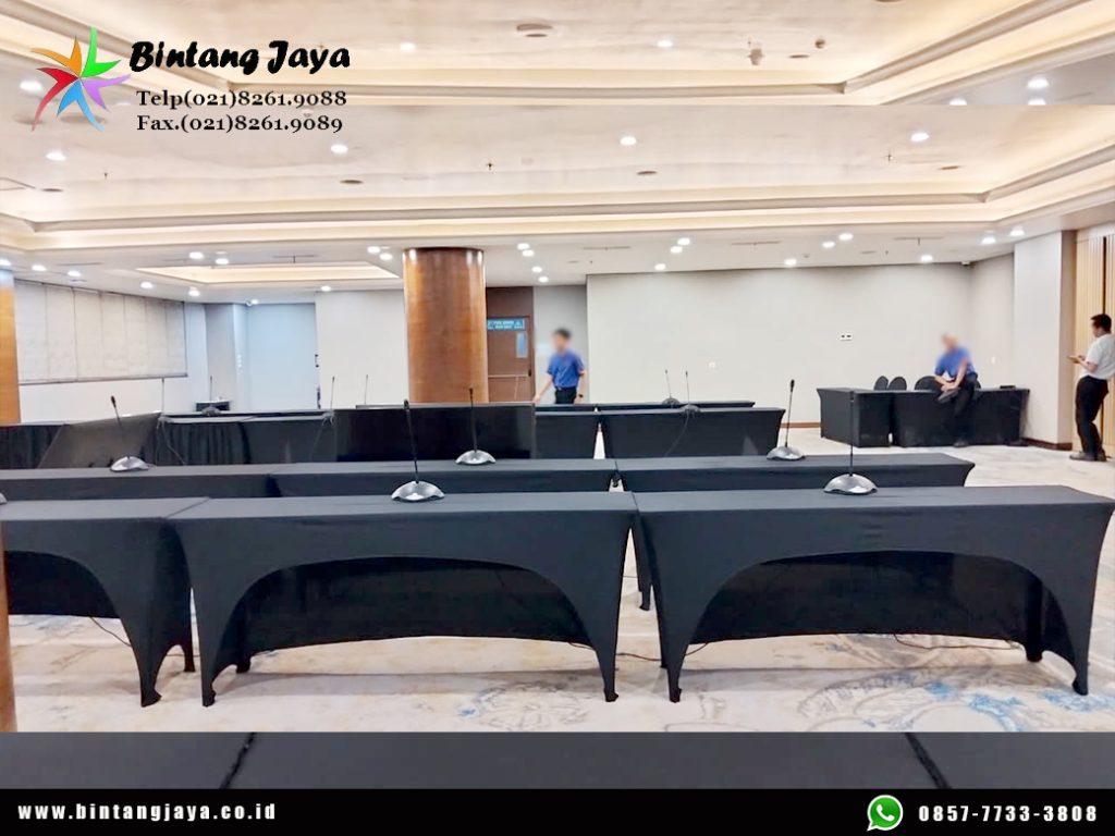 Sewa Meja IBM 180x45 cm Taplak Hitam Ketat Bogor untuk Event yang Profesional