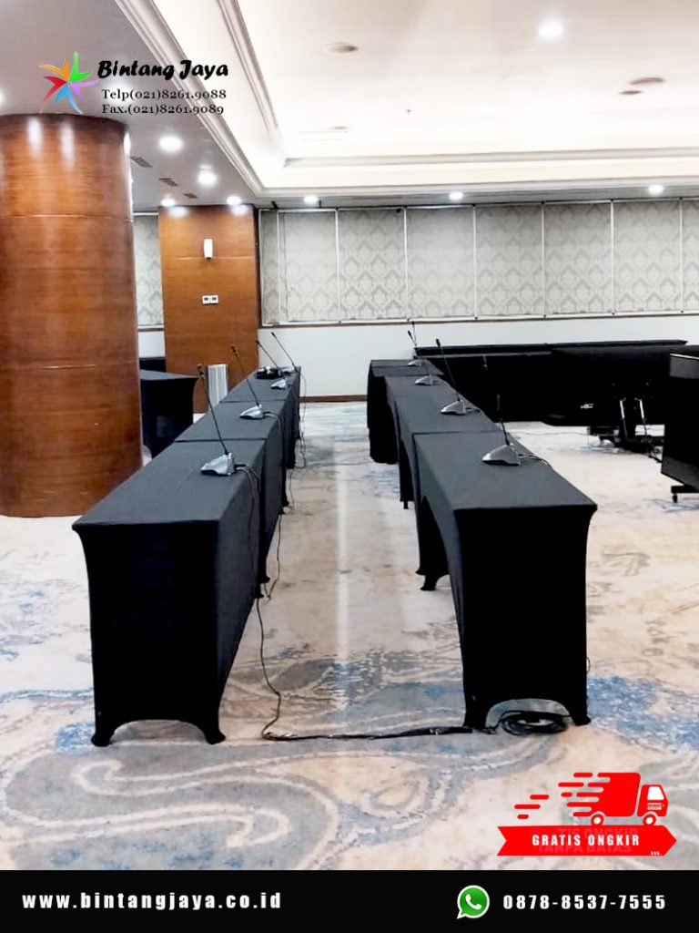 Sewa Meja IBM 180x45 cm Taplak Hitam Ketat Bogor untuk Event yang Profesional