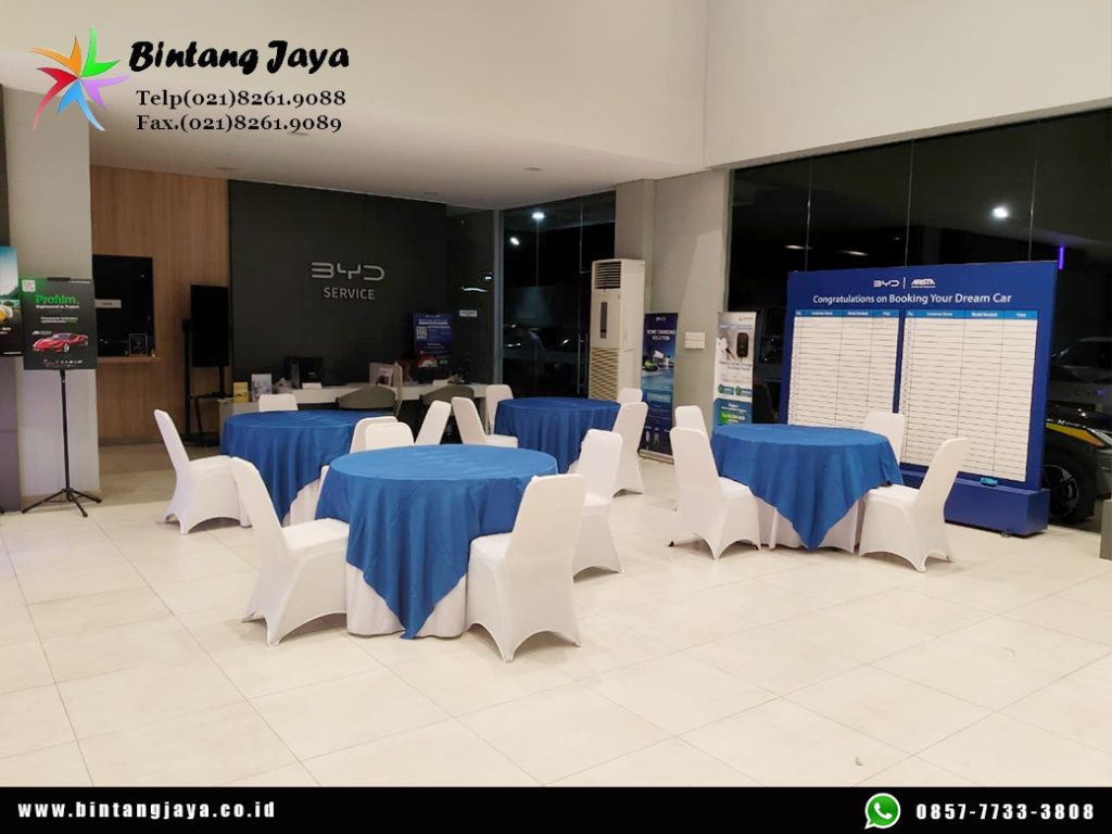 Sewa Meja Bulat Topping Biru Jakarta 087885377555