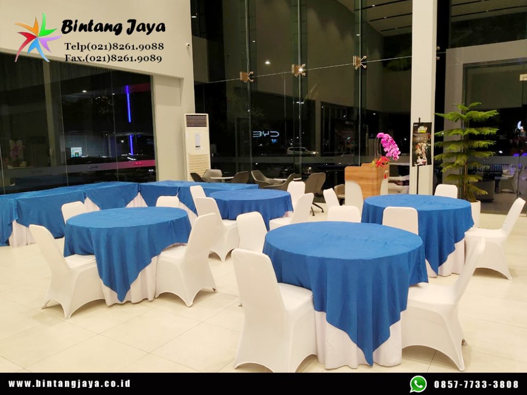 Sewa Meja Bulat Topping Biru Jakarta 087885377555
