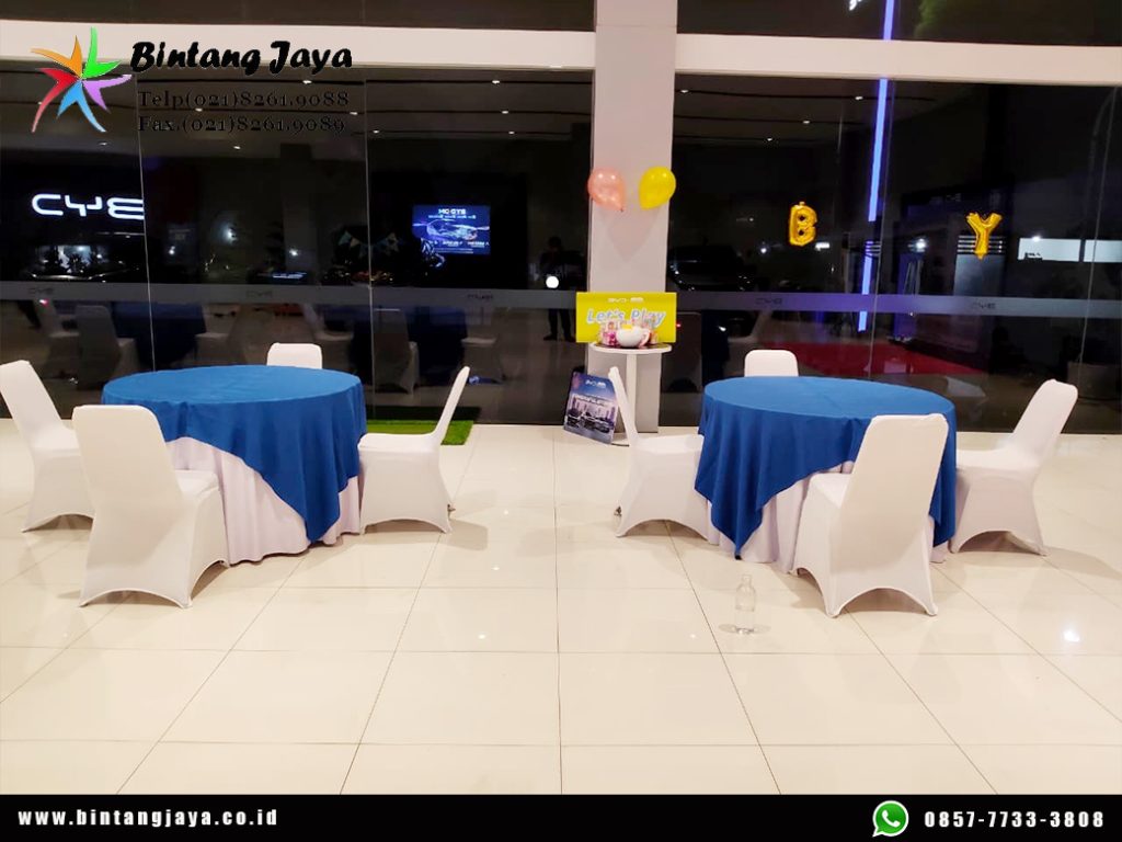 Sewa Meja Bulat Topping Biru Jakarta 087885377555